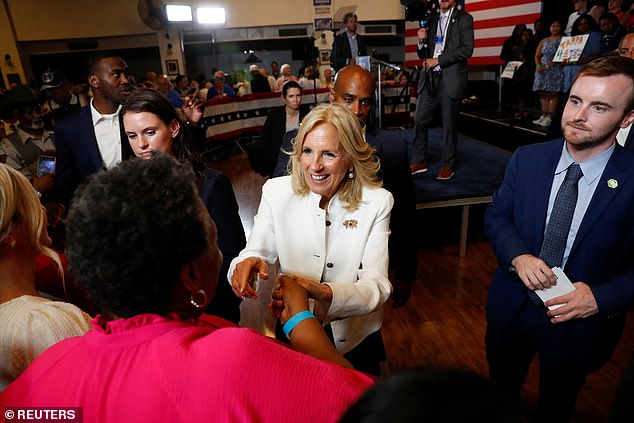 Jill Biden shakes hands during a campaign rally in Tampa, Florida on Monday