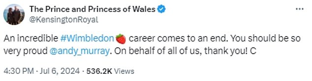 July 6, 2024 -- Kate paid tribute to Sir Andy Murray, saying he should be 'so incredibly proud' after he missed a Wimbledon final match
