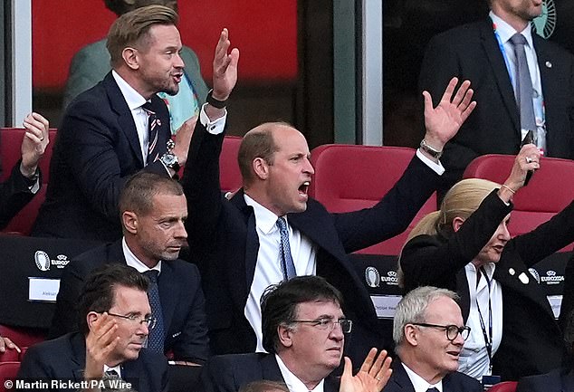 July 6, 2024 -- Prince William reacts as he watches England take on Switzerland in the quarter-finals of Euro 2024 in Düsseldorf on Saturday, where he attended without Kate or his children