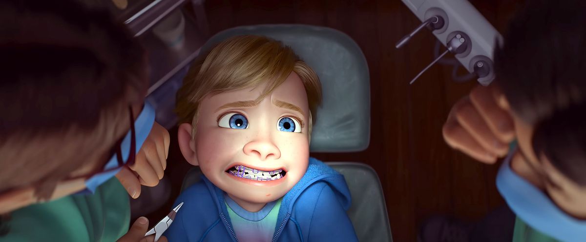 Thirteen-year-old Riley shudders in a dentist's chair in a scene from Pixar Animation Studios' Inside Out 2