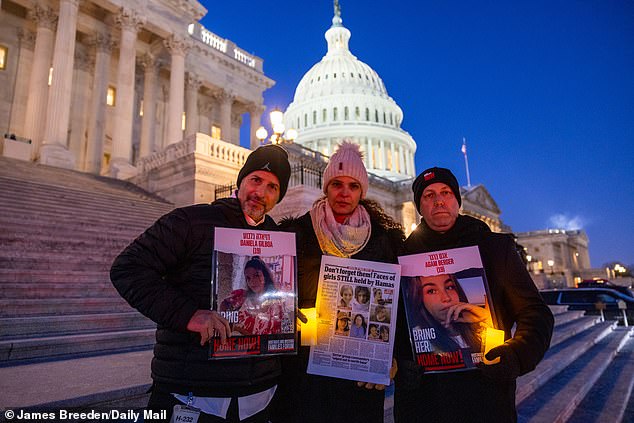 The Daily Mail previously highlighted their plight along with fellow hostages Agam Berger and Liri Albag, both 19, in a powerful article shown at the UN (pictured: Ran Gilboa, Orly Gilboa and Shomi Berger)