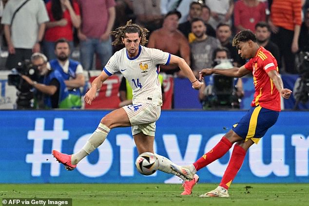 Yamal's long-range goal for Spain against France came after he had touched Adrien Rabiot (left)