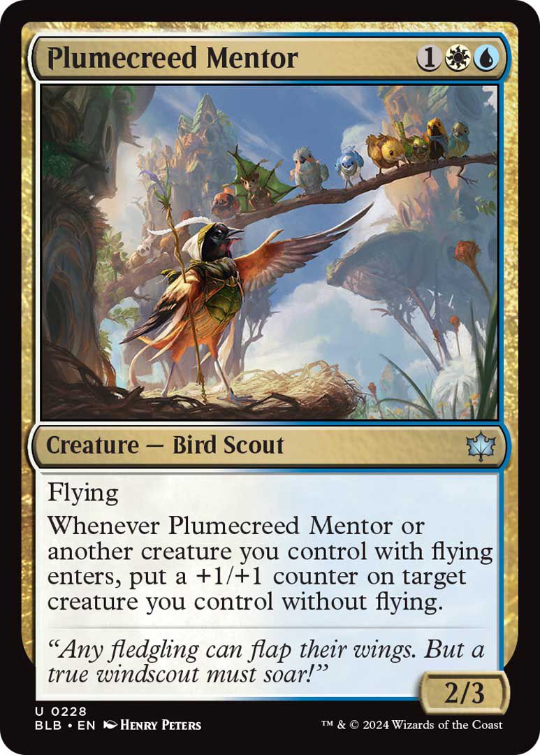 Plumecreed Mentor is a creature, a bird scout, with flying and extra powers. It is 2/3, costs three mana — including a white and a blue one.