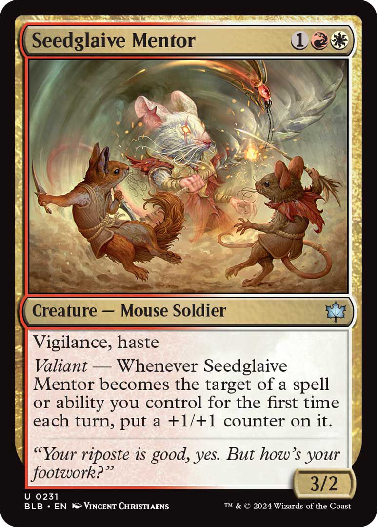 Seedglaive Mentor is a creature, a mouse soldier, with vigilance and haste. 