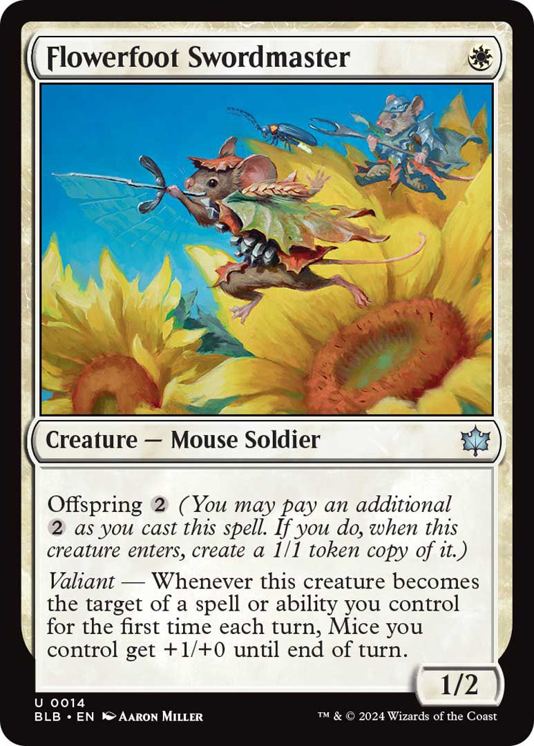 Flowerfoot Swordmaster is a creature, a mouse soldier, with 1/2 that costs a single white mana to cast. It also has offspring 2, meaning it can use an extra 1/1 token copy of itself.