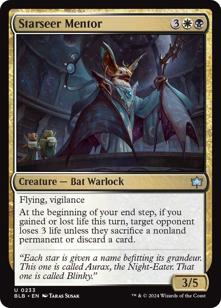 Starseer Mentor is a creature, a bat wizard, with the ability to fly and be alert.