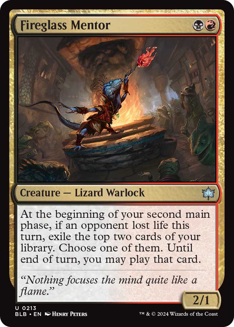 Fireglass Mendor is a creature, a lizard wizard, with 2/1 and an extra power related to divination cards.