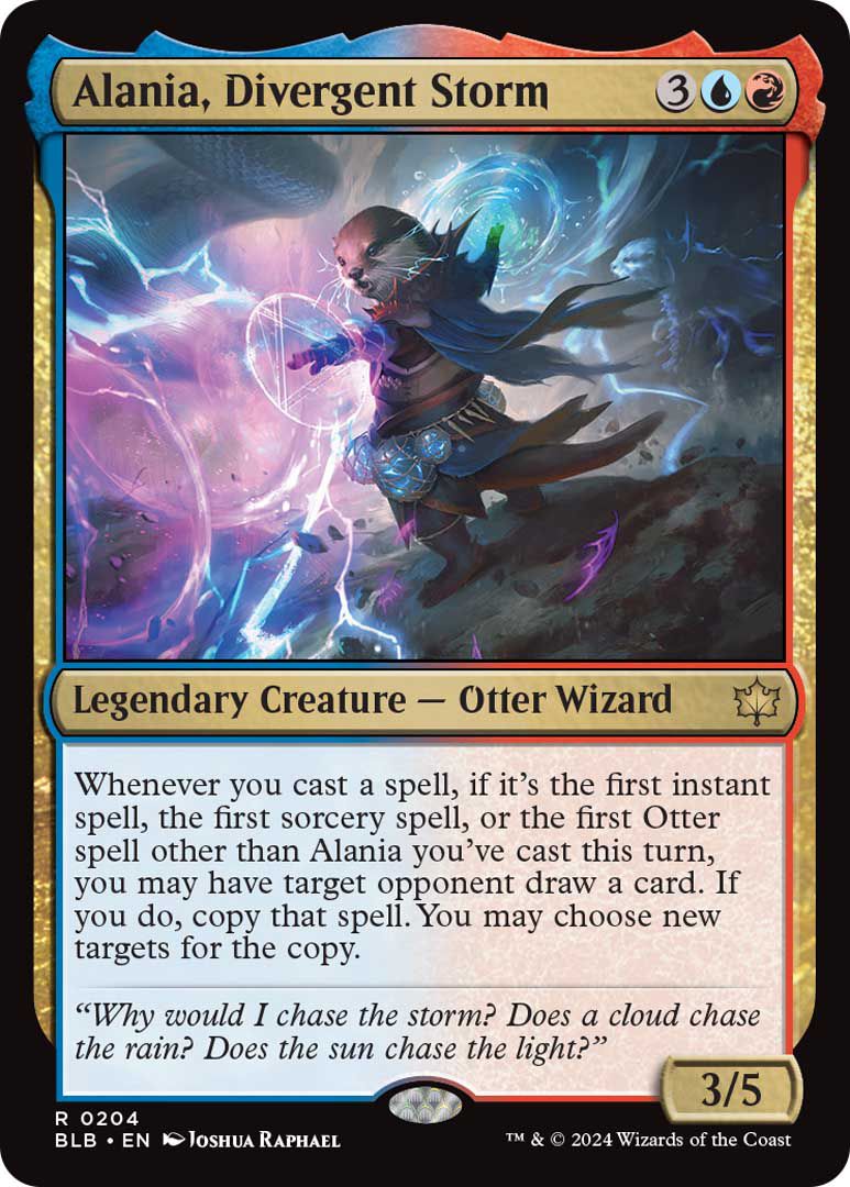 Alania, Divergent Storm is a legendary creature, an otter wizard, who has powers related to casting spells.