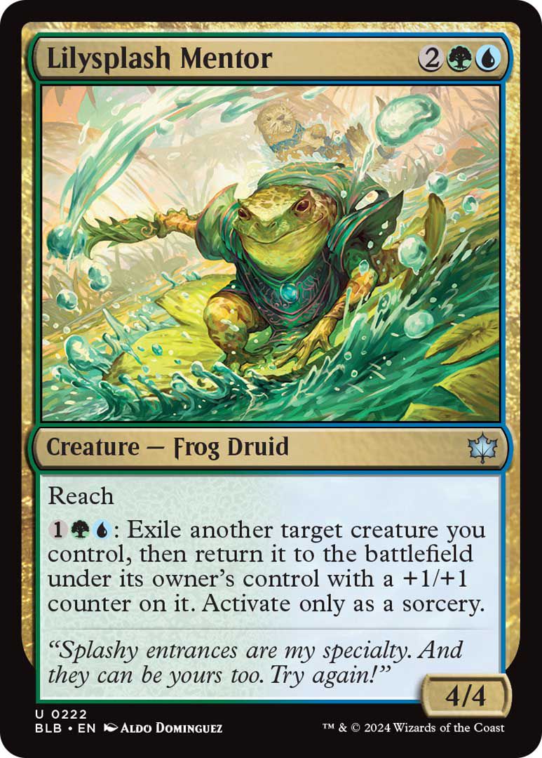 Lilysplash Mentor is a creature, a frog druid, with reach. It has an extra power related to exile.