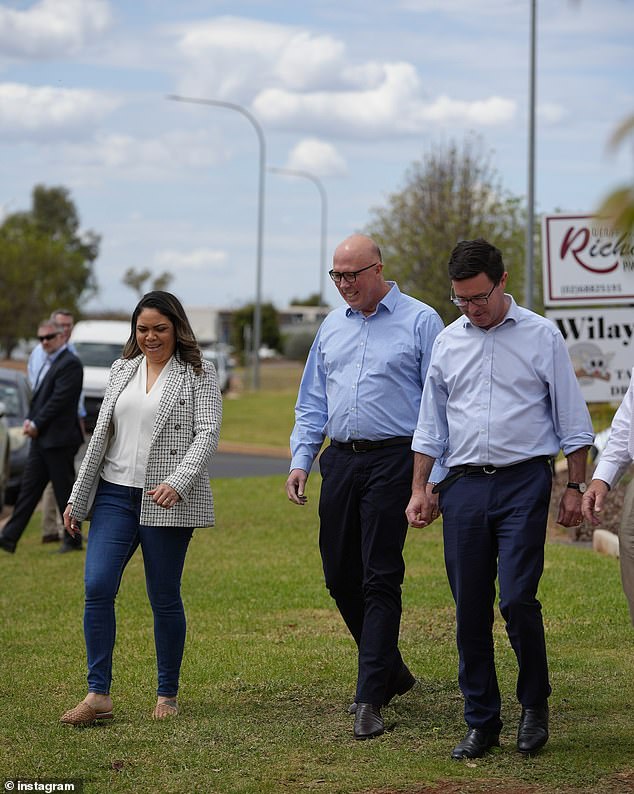 Peter Dutton is pictured with Senator Jacinta Nampijinpa Price and Nationals leader David Littleproud during his $63,000 trip in September