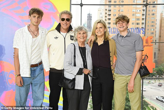 Ferrell with his mother Betty Kay Overman, his wife Viveca Paulin and two of their three sons, Magnus and Axel at the premiere of Despicable Me 4