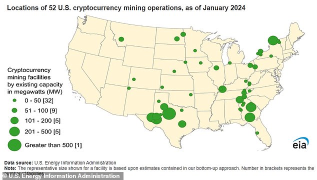 The map above shows the locations of 50 of America's 137 crypto mines. Officials are now beginning to investigate how much electricity they use