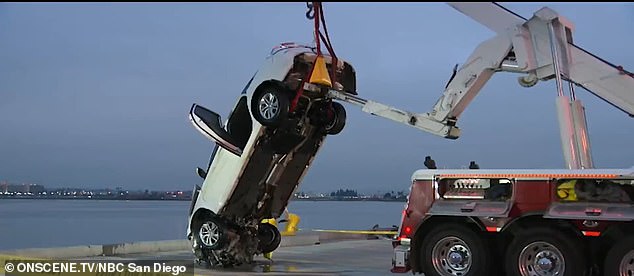 Pictured: Tran's white Honda Accord is pulled from the water by authorities on the scene