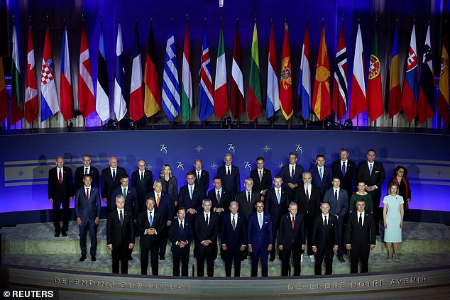 NATO leaders pose for a photo during NATO's 75th anniversary celebrations