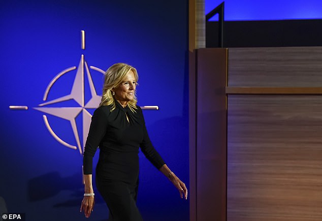 First Lady Dr. Jill Biden arrives at NATO's 75th Anniversary Ceremony at Mellon Auditorium in Washington DC