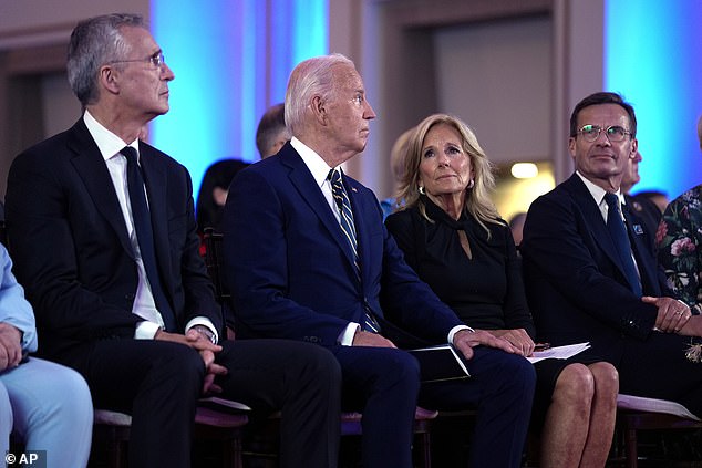 NATO Secretary General Jens Stoltenberg, from left, President Joe Biden, First Lady Jill Biden and Swedish Prime Minister Ulf Kristersson at the welcome ceremony