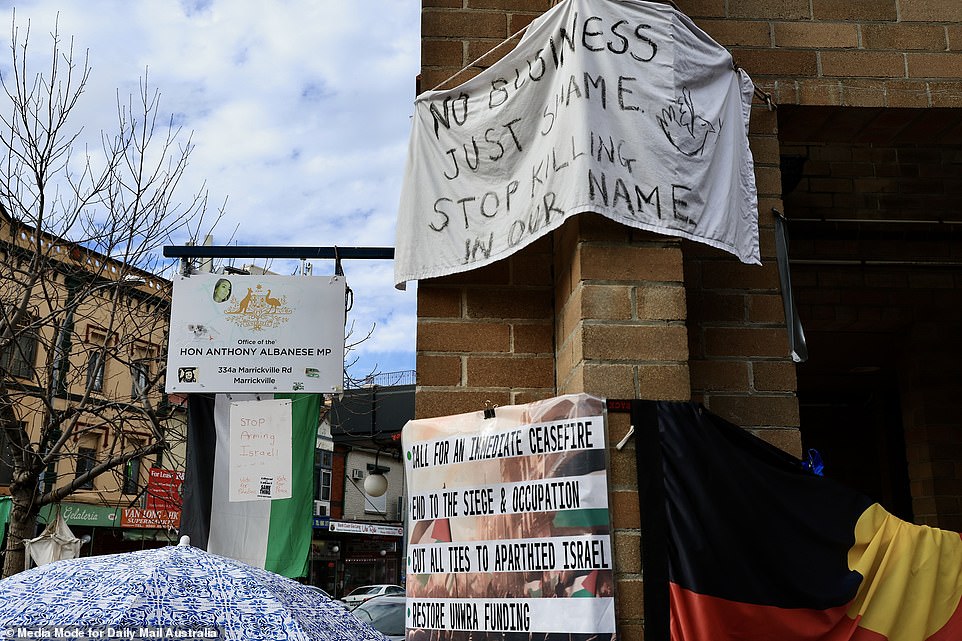 Mr Albanese's office is decorated with several signs calling for a ceasefire in the Middle East