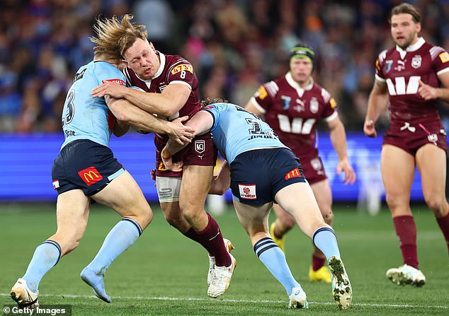 This comes after Billy Slater's men were beaten by the ferocious NSW Blues in their second leg at the MCG last month, with the match ending before half-time (pictured Maroons star Reuben Cotter)