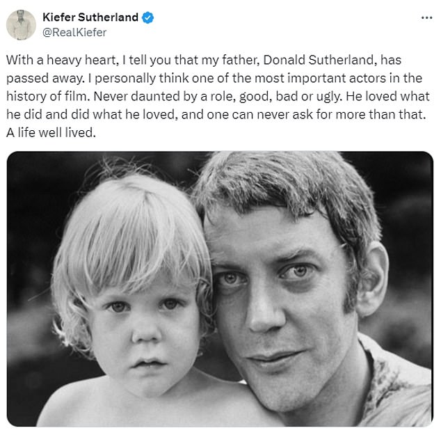 Actor Kiefer Sutherland confirmed his father's passing in a post on X/Twitter, accompanied by a vintage photo of the couple