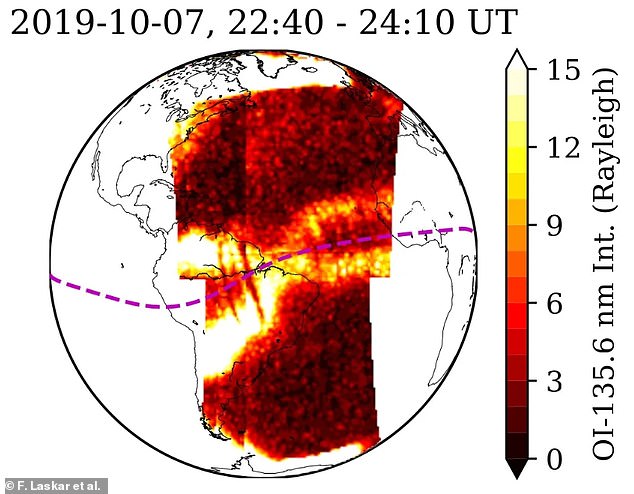 Observations from NASA's GOLD mission show that on October 7, 2019, the peaks merge into an X shape. (The colors indicate the intensity of ultraviolet light emitted, with yellow and white indicating the strongest emission.)