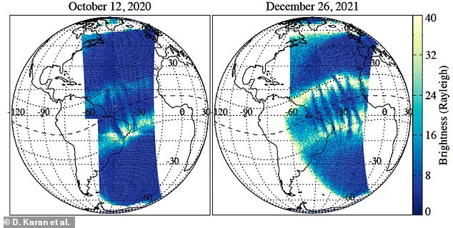 Images from NASA's GOLD mission show C-shapes appearing close together in the ionosphere on October 12, 2020 and December 26, 2021