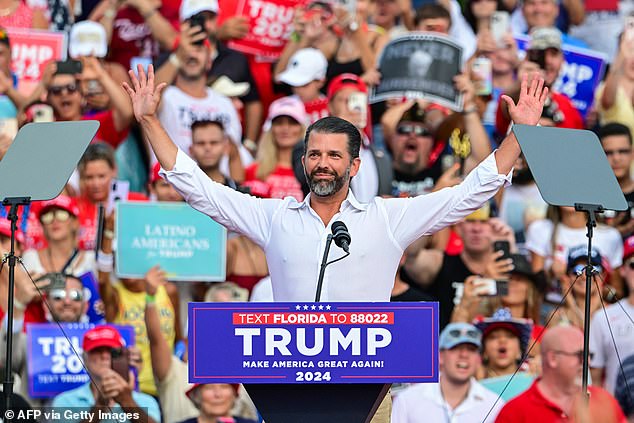 Donald Trump Jr. was one of the opening acts at Tuesday night's Trump rally in Doral, Florida. He noted that Democrats don't want Americans to own an AR-15 'but they gave a vegetable the nuclear codes'