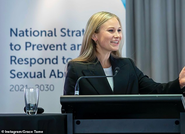 Ms Tame (pictured), known as a former Australian of the Year and activist, reflected on her own experiences with domestic violence and called on the government to invest in better solutions.