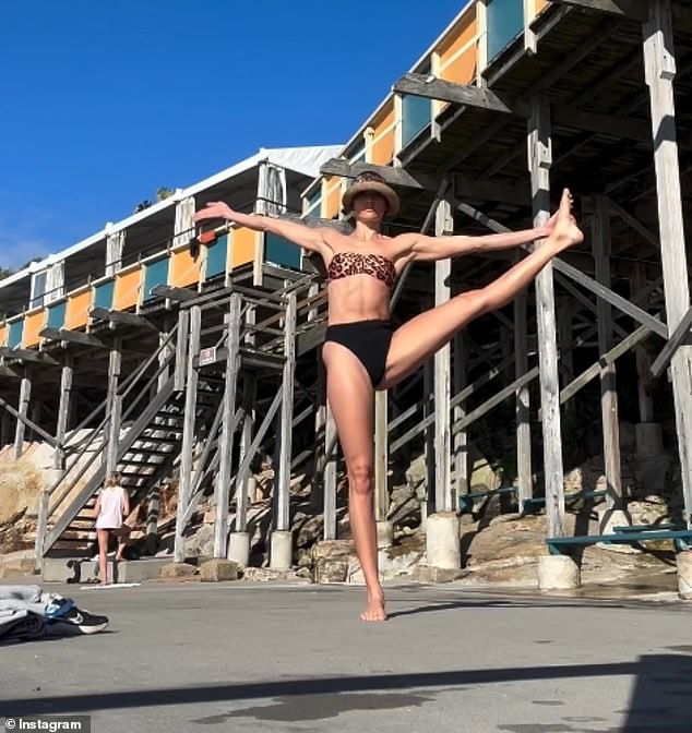 She finished her fitness routine with a balancing act where she lifted one leg high in the air