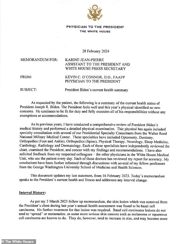 DailyMail.com reached out to the White House for comment. They responded with a screenshot of the neurology section of Biden's February health summary following his annual checkup