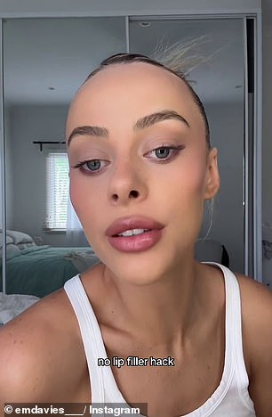 Popular Australian influencer Em Davies has shared a genius beauty trick for getting fuller lips during pregnancy without lip filler. She's pictured before and after