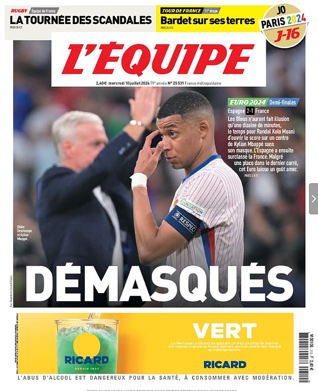 In addition to the brutal reviews, the front page of L'Equipe described France as 'exposed'