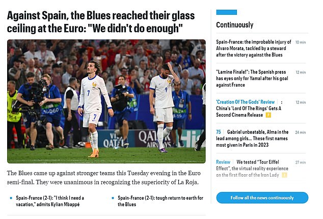 Meanwhile, Le Parisien claimed Les Blues had reached 'their glass ceiling' against Spain