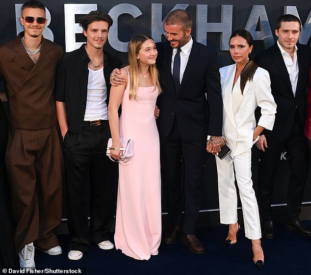 (L-R) Romeo Beckham, Cruz Beckham, Harper Beckham, David Beckham, Victoria Beckham and Brooklyn Beckham