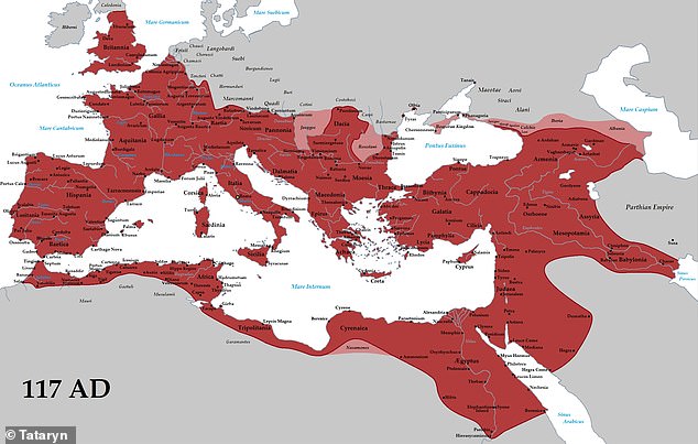 The Roman Empire was a vast territorial empire that existed between 27 BC and 476 AD, stretching across Europe and North Africa with Rome at its center. This map highlights the Roman Empire in red at its greatest extent (117 AD).