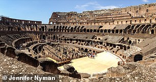 The photo shows the modern interior of the famous Colosseum in Rome, where the battles in the city took place