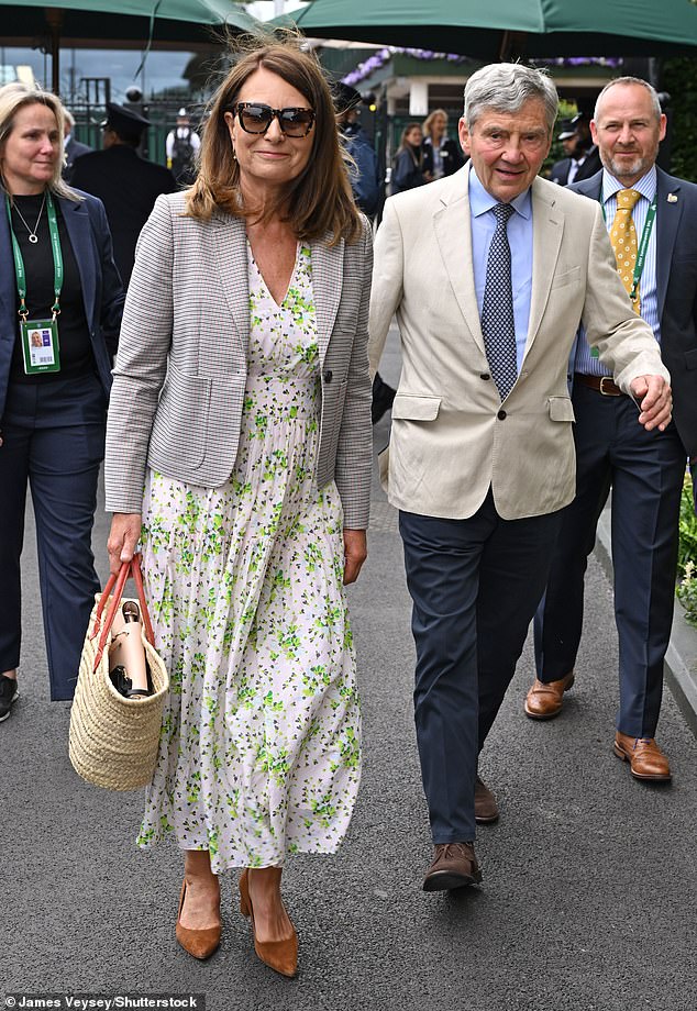 Carole Middleton and Michael Middleton were also spotted arriving on day ten of the tournament, with the mother of the Princess of Wales cutting a graceful figure in a white floral dress with brown suede heels