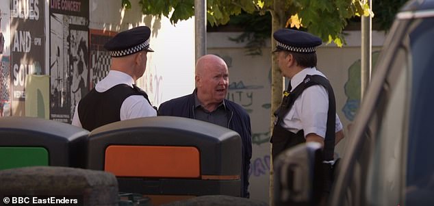 Stevie leaves in a black cab and watches with amusement as Phil angrily talks to police officers about his missing car