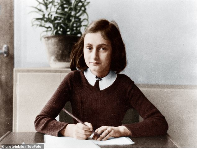 Anne Frank was a German Jew who emigrated to the Netherlands with her family during the Nazi era. Separated from the rest of her family, she and her sister died of typhus in the Bergen-Belsen concentration camp. The image shows a 12-year-old Anne doing her homework in 1941