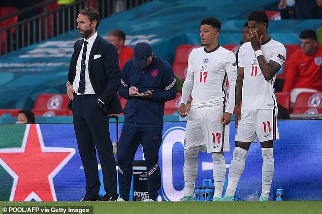 Jadon Sancho and Marcus Rashford prepare to enter the field in the 120th minute of Euro 2020 at Wembley