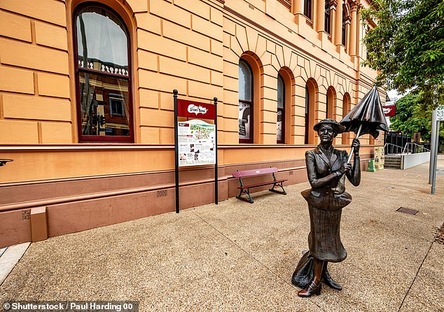 The statue of Mary Poppins stands in the Visitor Information Centre at Maryborough Town Hall and is a tribute to the creator of Mary Poppins, PL Travers, who was born Helen Lyndon Goff in Maryborough in 1899.