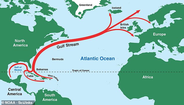 The Gulf Stream is a strong current that carries warm water from the tropics along the coast of North America, across the Atlantic Ocean and to Europe