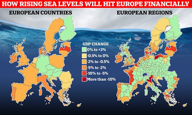 The costs of rising sea levels are subtracted from a country's gross domestic product (GDP). This map shows the countries most affected (with the largest decline in GDP due to the costs of rising sea levels) in red and orange, with the least affected countries in green