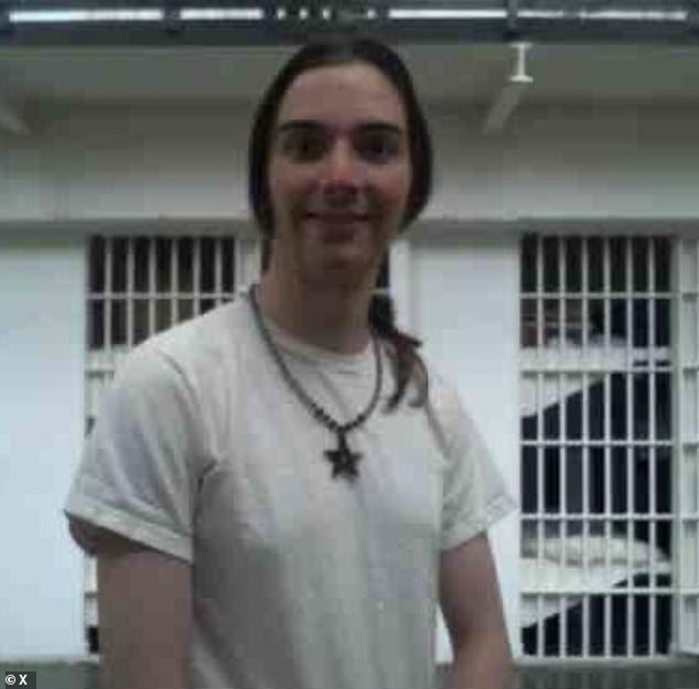 The convicted killer who murdered his parents before transitioning into a woman was caught having sex with a female inmate at a women's prison in Washington state. (Pictured: Kim in prison, after her 'transition')