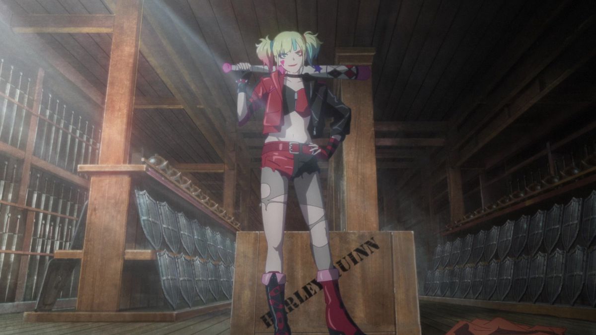 Harley Quinn in a red and black leather costume with a baseball bat in a medieval armory