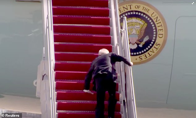 Biden was pictured stumbling on the steps of Air Force One in Atlanta, Georgia, in 2021. The steps have since been shortened