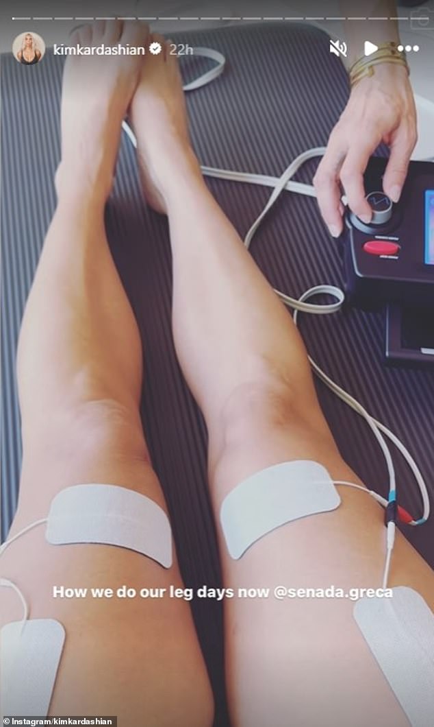 In the first reel, Kim filmed only her legs as she stretched out on a mat with bandages on each of her thighs that were apparently connected to a stimulation machine