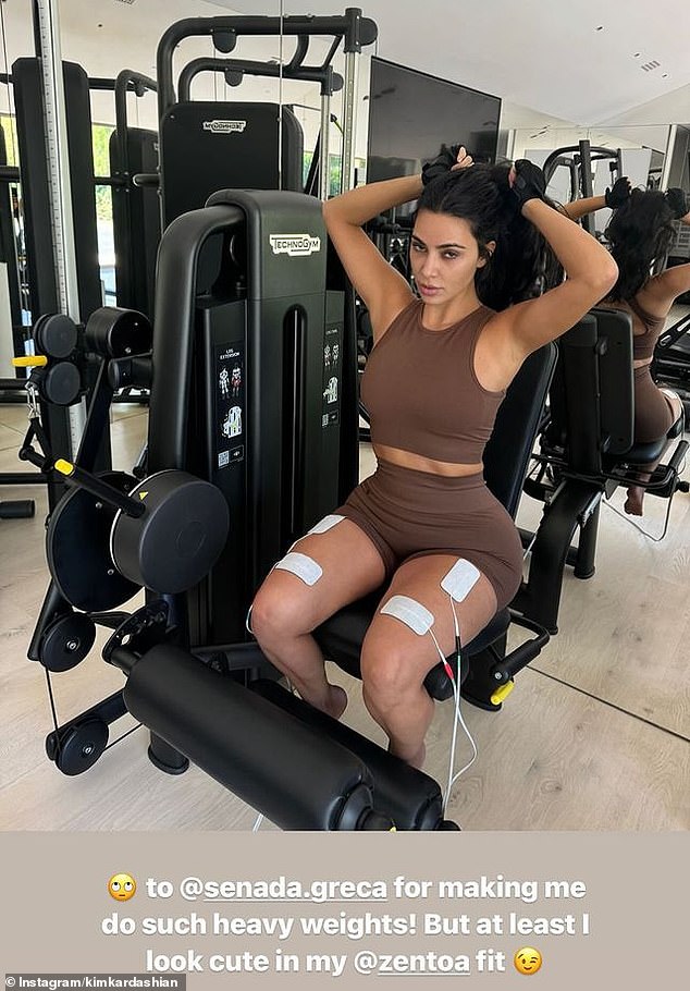 Finally, the star posed for another photo in the gym during the fitness routine and wrote: 'To @seneda.greca for making me do such heavy weights! But at least I look cute in my @zentoa-fit'