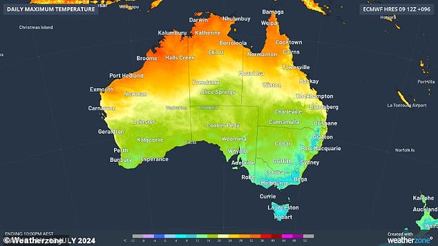 A prolonged outbreak of freezing air originating in Antarctica will cause temperatures to plummet (shown in the image is a map from Weatherzone)