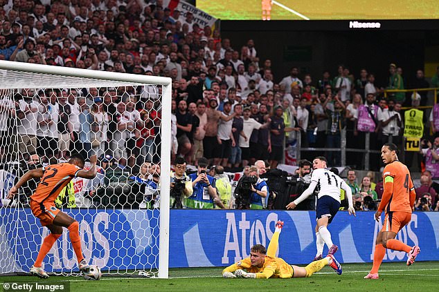 Foden saw a shot cleared off the line (pictured) and also hit the post with a long-range shot