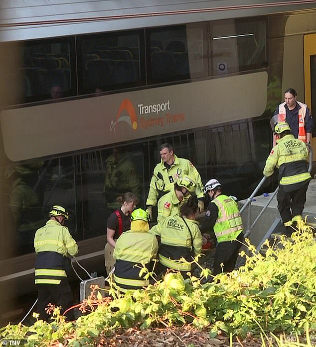 Emergency services rushed to the station and NSW fire and rescue crews (pictured) worked to extract the woman from under the train